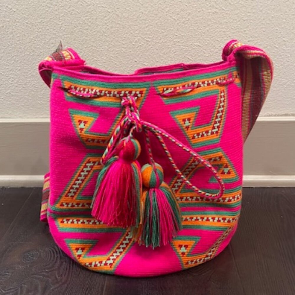Pink and Orange Crossbody Bag with Geometric Patterns